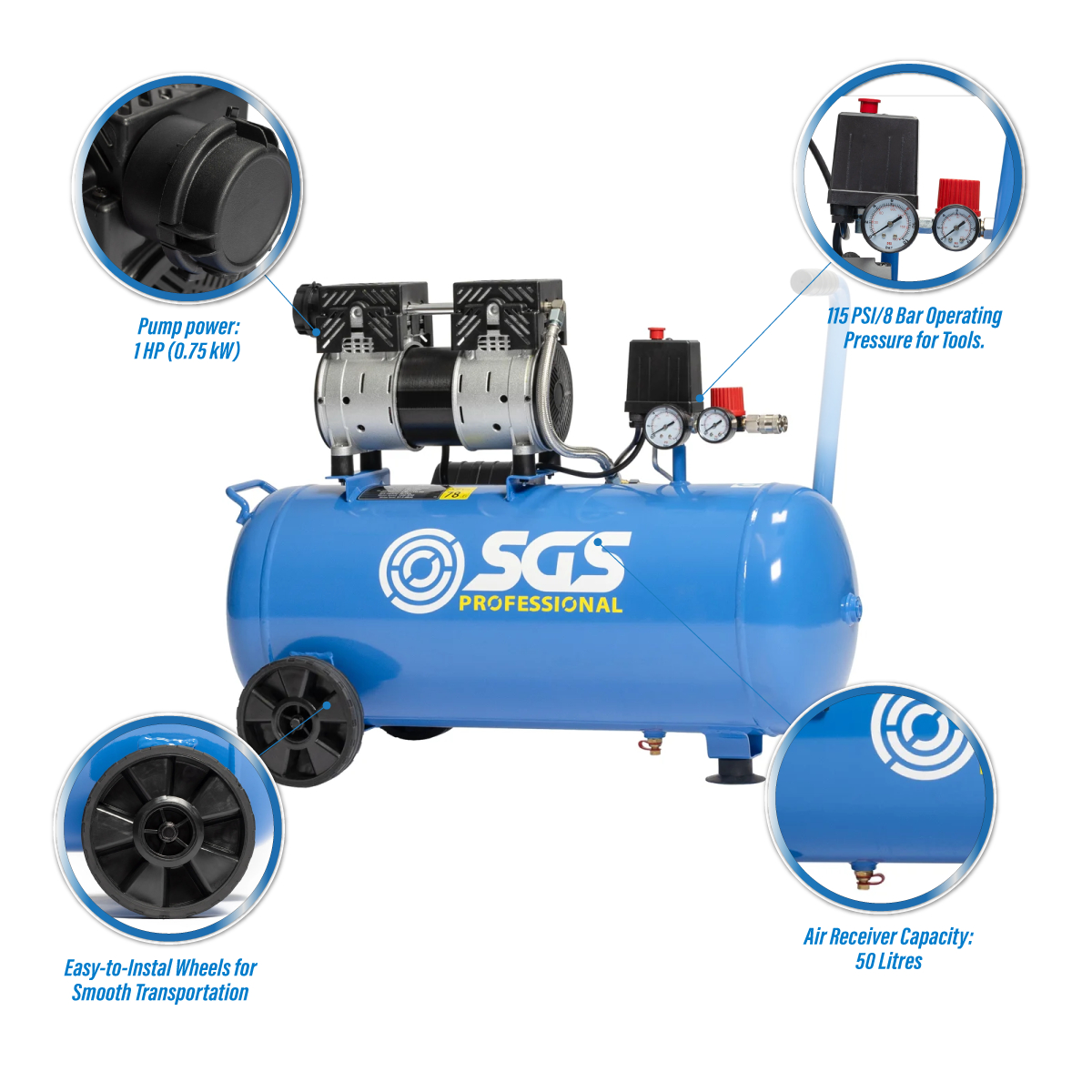 SGS Pro Super Silent 50 Litre Air Compressor | 4.5 CFM | 1 HP | 115 PSI